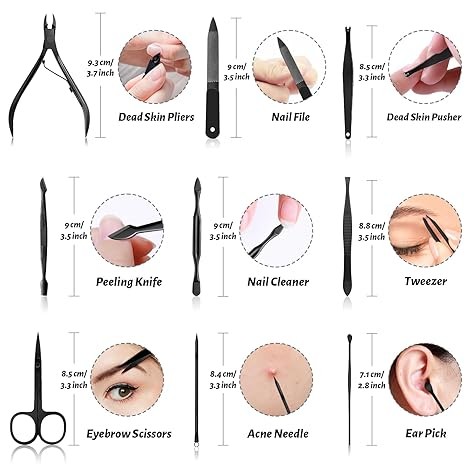 Manicure Set Nail Clipper Kit Pedicure Manicure Kit 12 In 1 Professional Pedicure Set Women Mens Personal Care Set with Travel Case Black