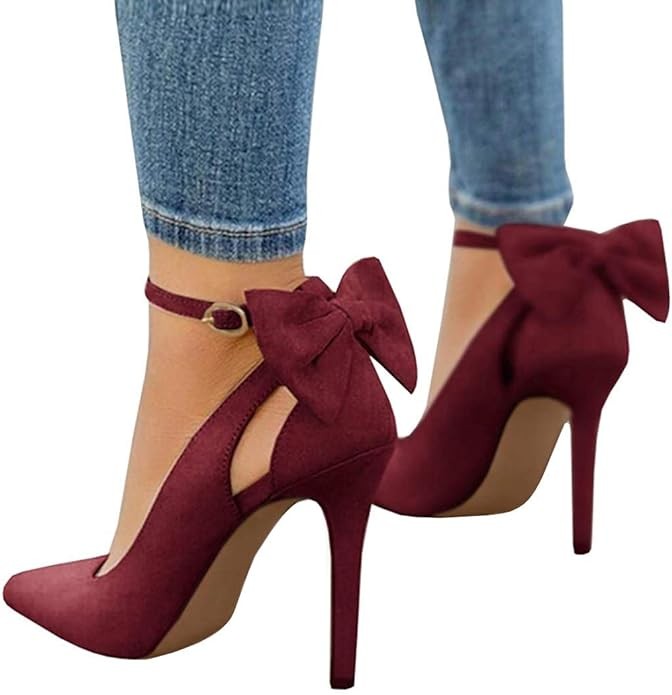 Fashare Womens High Heels Bow Tie Back Sexy Stiletto Ankle Strap Wedding Dress Pumps Shoes