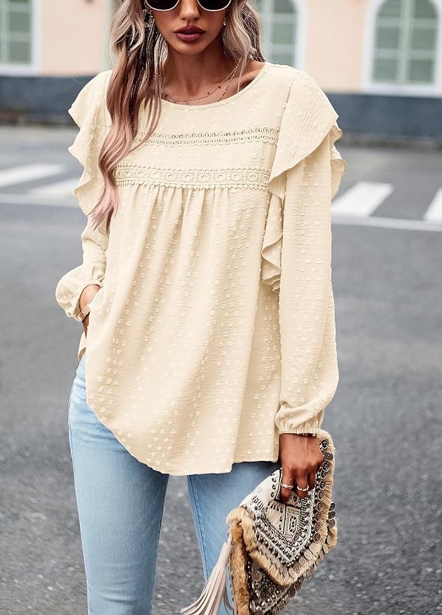Pretty Garden Womens 2023 Fall Swiss Dot Crochet Loose Fit Tunic Top