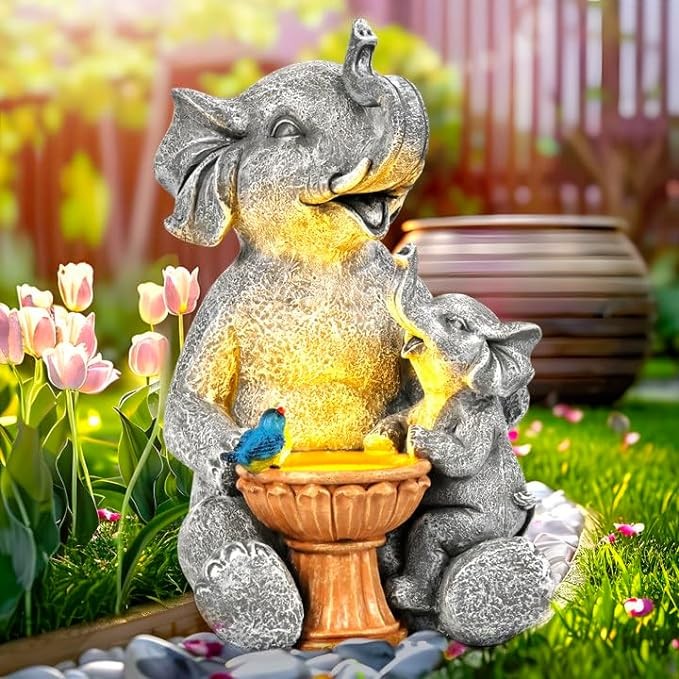 GIGALUMI Solar Garden Statues Loving Elephant Garden Decor Lights for Outside Yard Decorations Outdoor, Elephant Gifts for Women, Mom for Mothers Day