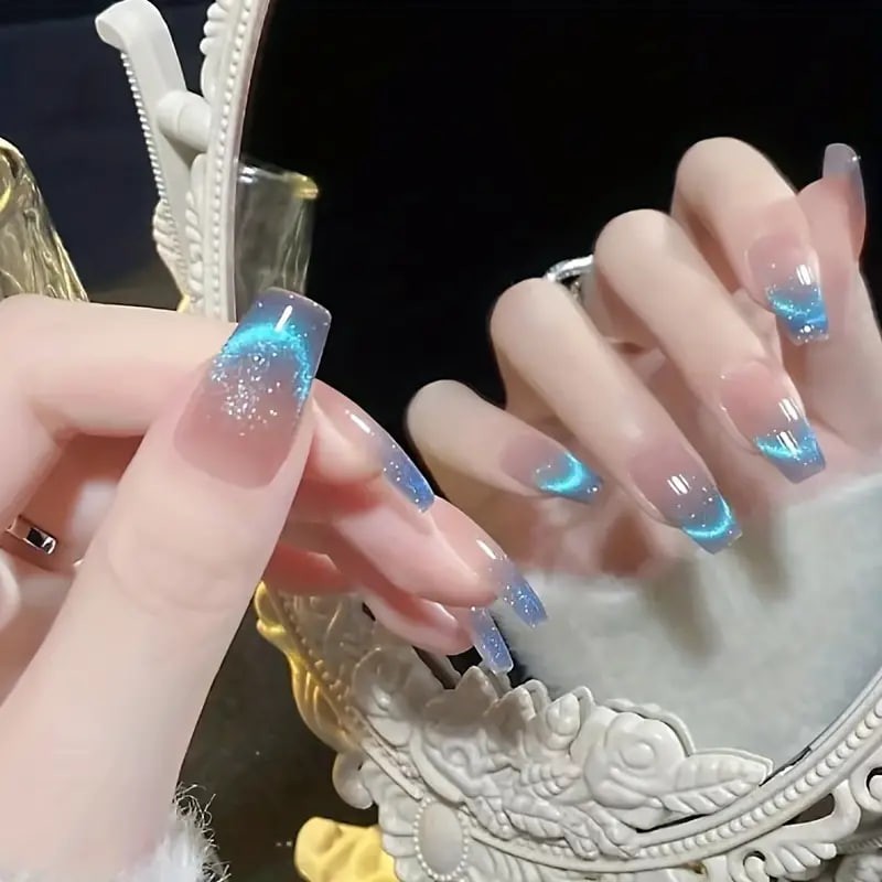 24pcs Aurora Blue Gradient Press On Nails, Glitter Fake Nails With Chameleon Effect, Long Ballet Shape Sparkle False Nails For Women Girls