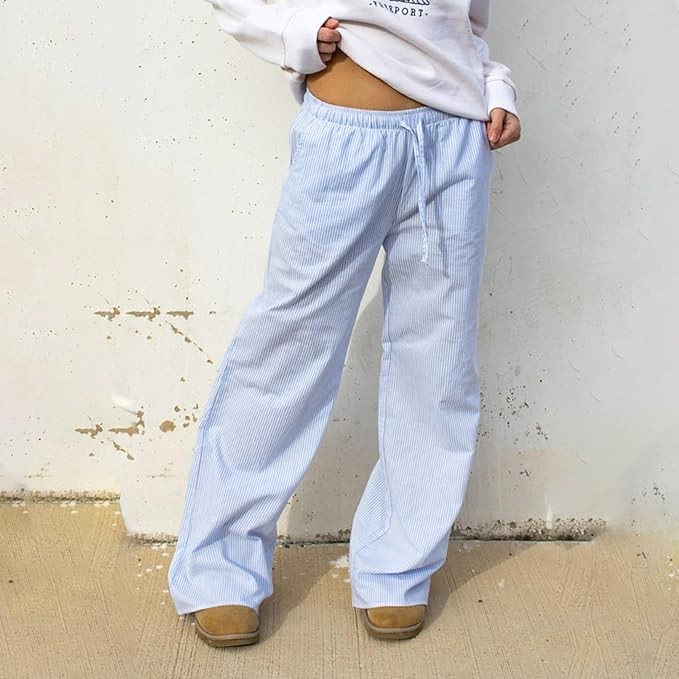 Tsultryofs Women Y2K Striped Long Pants Drawstring High Waist Wide Leg Trouser Casual Relaxed Fit Straight Lounge Pants