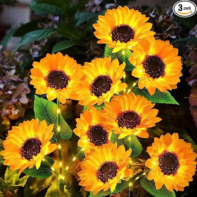 KOOPER Solar Lights Outdoor Garden Decor - Upgraded 3 Pack Solar Garden Lights with 9 Sunflower Lights, Waterproof Solar Outdoor Lights Auto ON/Off Solar Decorative Lights for Garden, Patio