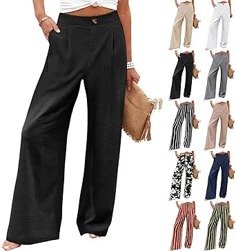 eoeioa Wide Leg Pants for Women Dressy Button High Waisted Business Pants Summer Casual Work Beach Pants Trousers with Pocket