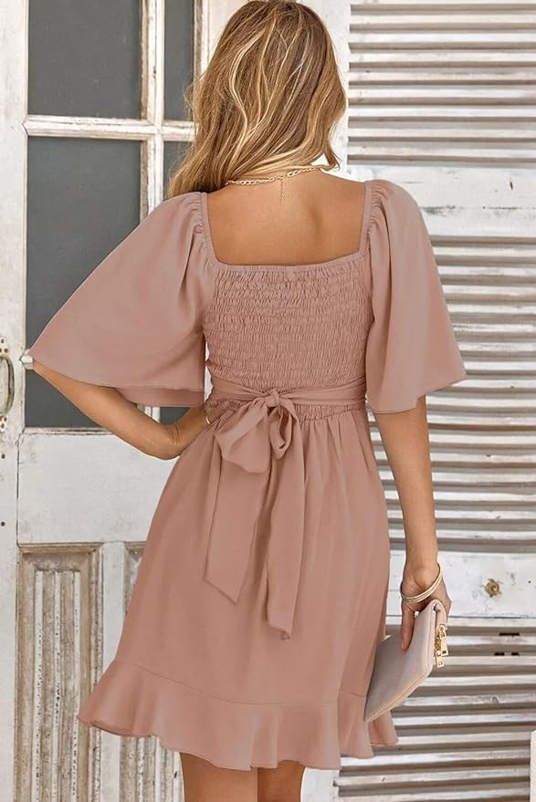 Dokotoo Women's Wrap V Neck Short Flared Sleeve Wedding Guest Dress Smocked Elastic Waist Tiered Belted Ruffle Hem Mini Dress