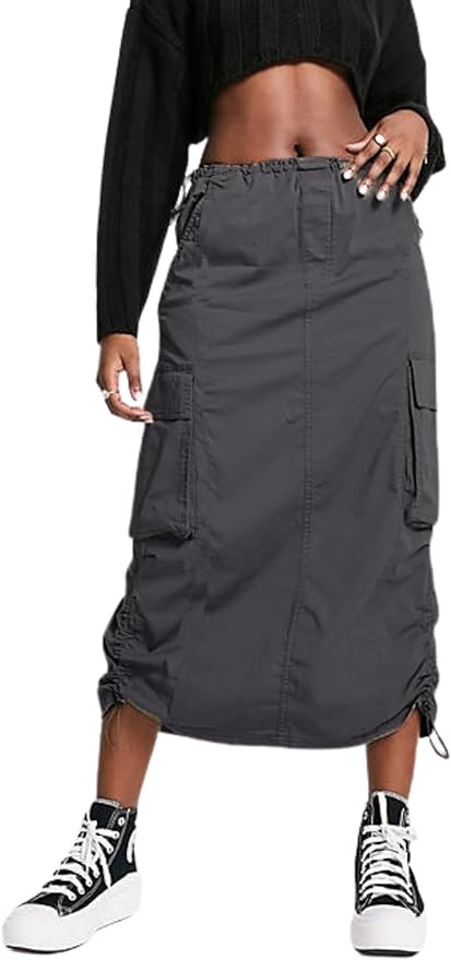 BLUEMING Cargo Long Skirts for Women Y2K Drawstring Waist Casual Back Split Skirts with Pockets
