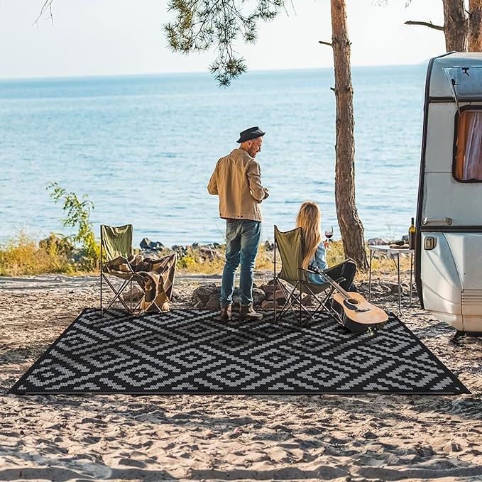 GENIMO Outdoor Rug for Patio Clearance,5'x8' Waterproof Mat,Reversible Plastic Camping Rugs,Rv,Porch,Deck,Camper,Balcony,Backyard,Black & Gray